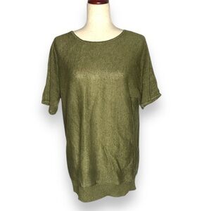 Talbots Moss Green Linen Knit Scoop V-Back Short Sleeve Sweater Size Medium